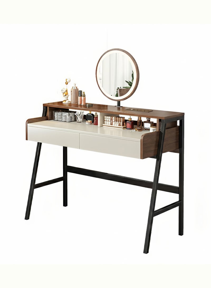 شاربدو طاولة تزيين عصرية بتصميم بسيط لغرفة النوم، مزودة بمرآة بإضاءة LED، وقابسين كهربائيين بريطانيين، ومنفذي USB، وأدراج، وطاولة زينة أنيقة. - Image 1